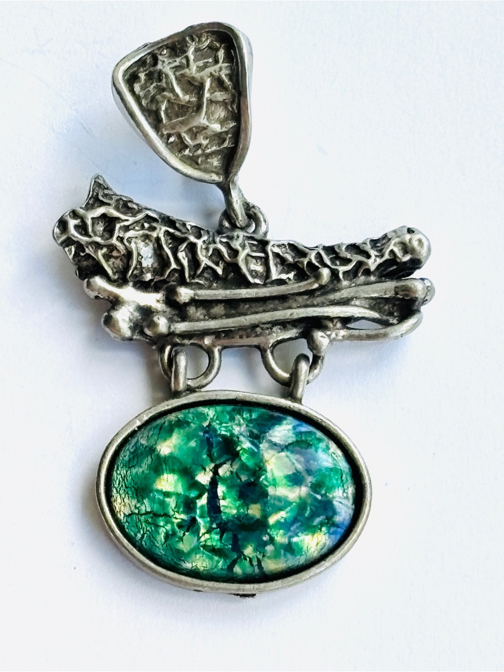 Christine Philippe Signed Vintage Brutalist Modernist Pewter Art Glass Pendant